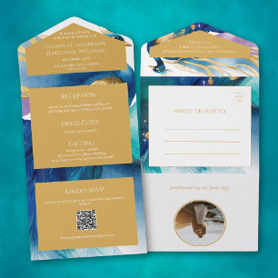Invitación Todo En Uno Código QR de foto de boda azul pavo real lujoso To