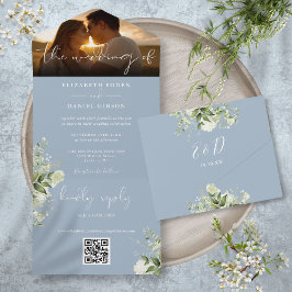 Invitación Todo En Uno Código QR de foto de boda floral verde azul polvor