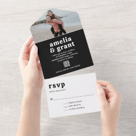 Invitación Todo En Uno Código QR de foto de boda moderna con fuente retro