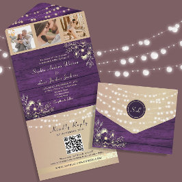 Invitación Todo En Uno Código QR de Fotos Morado Rústico Boda