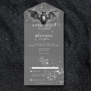 Invitación Todo En Uno Código QR de Glam Bat y Diamantes de Halloween osc