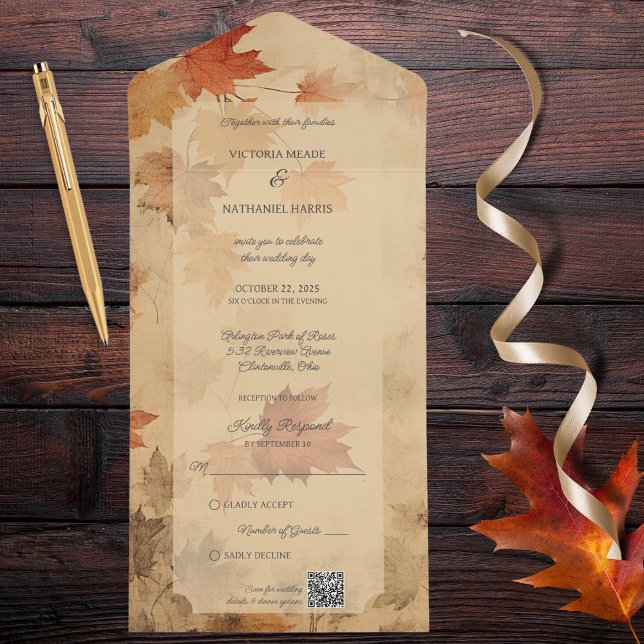 Invitación Todo En Uno Código QR de Hojas de Otoño Rústico (Also available without QR code. )