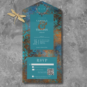 Invitación Todo En Uno Código QR de la Boda Verde azulada de Damasco de O