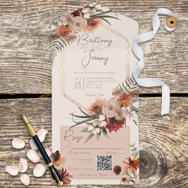 Invitación Todo En Uno Código QR de la crema floral boho de roya y caída 