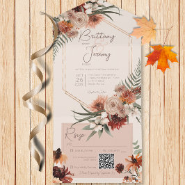 Invitación Todo En Uno Código QR de la crema floral boho de roya y caída 