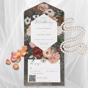 Invitación Todo En Uno Código QR de la flor floral Boho Black Burgungundy