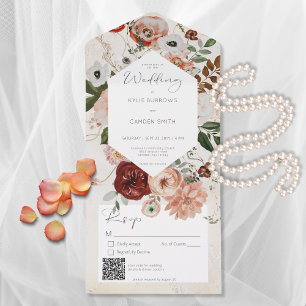 Invitación Todo En Uno Código QR de la floral floral Boho Cream Burgundy 
