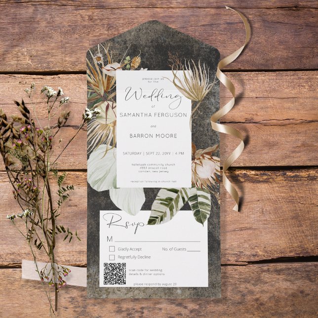 Invitación Todo En Uno Código QR de la Grasa Floral Negra Boho (Subido por el creador)