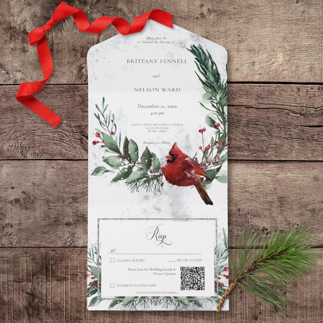 Invitación Todo En Uno Código QR de la guirnalda invernal rusa y cardenal (Rustic Winter Wreath & Red Cardinal All In One Wedding Invitation with QR Code)