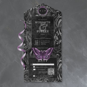 Invitación Todo En Uno Código QR de la polilla de filigrana púrpura negra