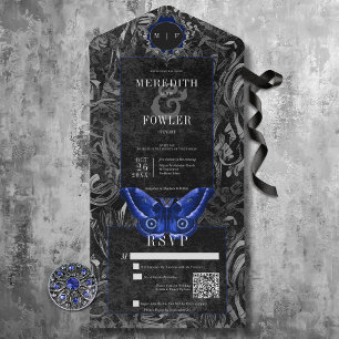 Invitación Todo En Uno Código QR de la polilla negra gótica oscura y fili