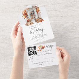 Invitación Todo En Uno Código QR de la puerta delantera del Boda de otoño