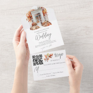 Invitación Todo En Uno Código QR de la puerta delantera del Boda de otoño