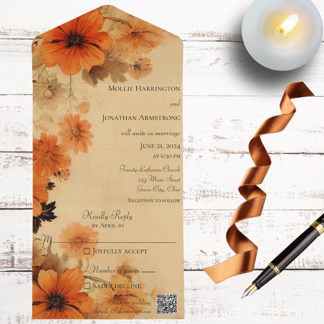 Invitación Todo En Uno Código QR de las flores de otoño (Also available without QR code. )