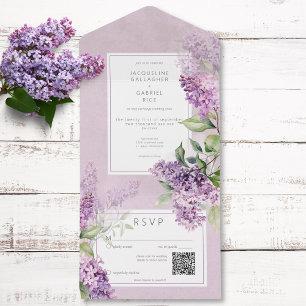 Invitación Todo En Uno Código QR de Lilas Moradas y Verdes Rústico Románt