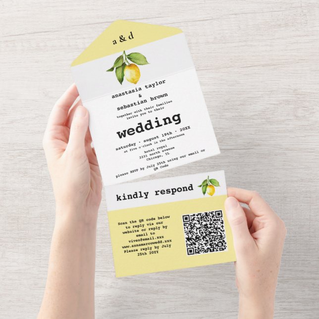 Invitación Todo En Uno Código QR de limón amarillo (desgarro)