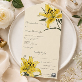 Invitación Todo En Uno Código QR de Lirio Amarillo Dorado 