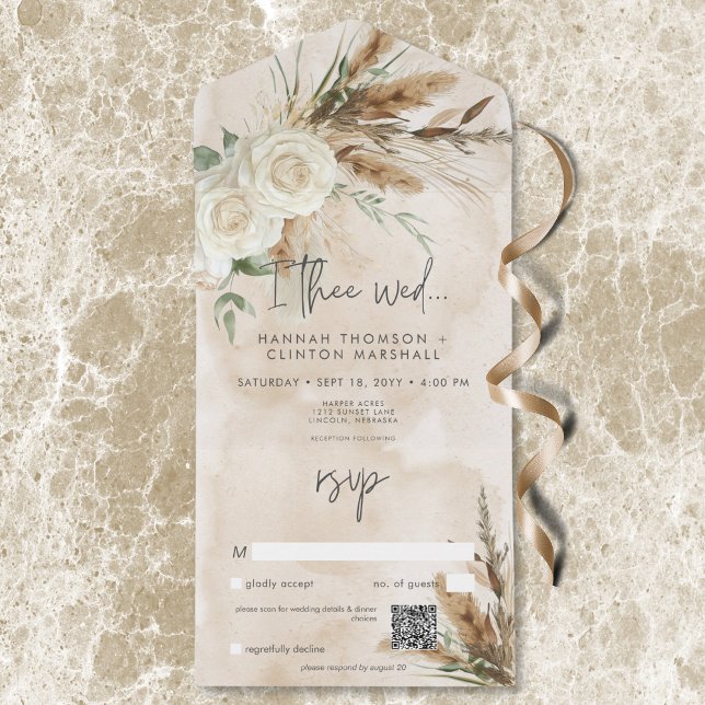 Invitación Todo En Uno Código QR de los Bodas de Roses Blancas Rústicas B (Boho Rustic White Roses & Pampas Wedding QR Code All In One Invitation)