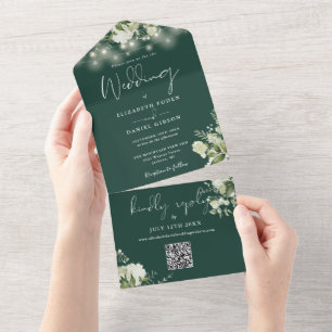 Invitación Todo En Uno Código QR de Luces de Cadena Florales Esmeralda Bo