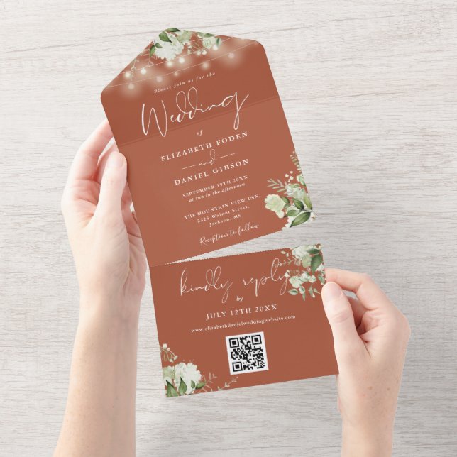 Invitación Todo En Uno Código QR de Luces de Cuerda Florales de Terracota (desgarro)