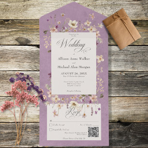 Invitación Todo En Uno Código QR de marco de flor silvestre púrpura rusa