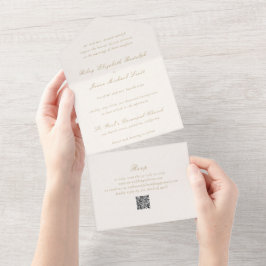 Invitación Todo En Uno Código QR de marfil y oro limpio Boda elegante