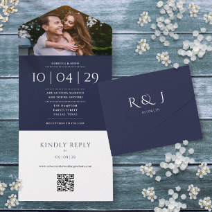 Invitación Todo En Uno Código QR de Monograma Azul Marino Fecha de Boda c