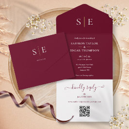 Invitación Todo En Uno Código QR de monograma Bodas Burgundy y Gold