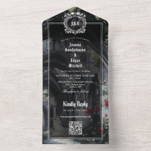 Invitación Todo En Uno Código QR de monograma de bodas de ruinas góticas