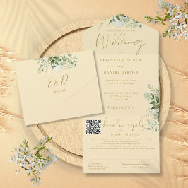 Invitación Todo En Uno Código QR de monograma de vegetación amarilla de b