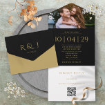 Invitación Todo En Uno Código QR de monograma negro y dorado con fecha de<br><div class="desc">Una elegante invitación de boda minimalista en negro y dorado que incluye tu foto,  fecha especial y detalles de la boda con tipografía clásica y elegante. La invitación incluye una tarjeta RSVP perforada con el código QR de tu sitio web de boda y detalles. Diseñada por Thisisnotme©</div>