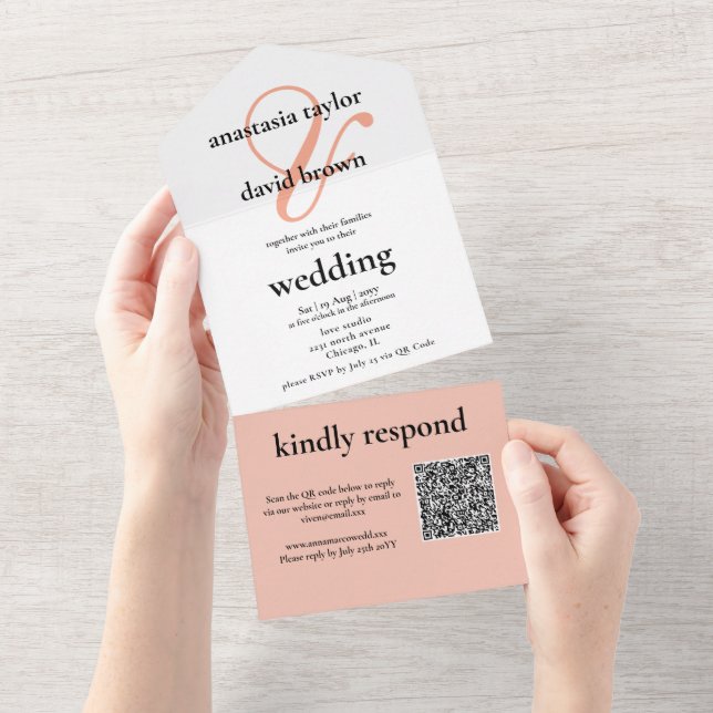 Invitación Todo En Uno Código QR de Peach Ampersand   (desgarro)