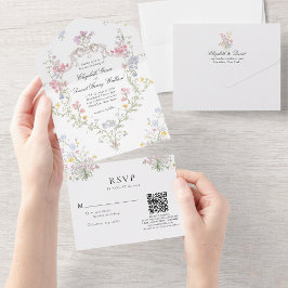 Invitación Todo En Uno Código QR de respuesta de boda con cresta floral r