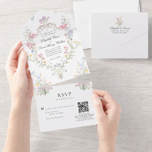 Invitación Todo En Uno Código QR de respuesta de boda con cresta floral r