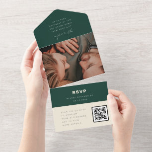 Invitación Todo En Uno Código QR de respuesta de boda simple verde esmera