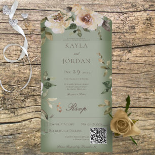 Invitación Todo En Uno Código QR de Rosas de Crema Boho Verde Salvia