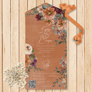 Invitación Todo En Uno Código QR de roya y roya floral de vino