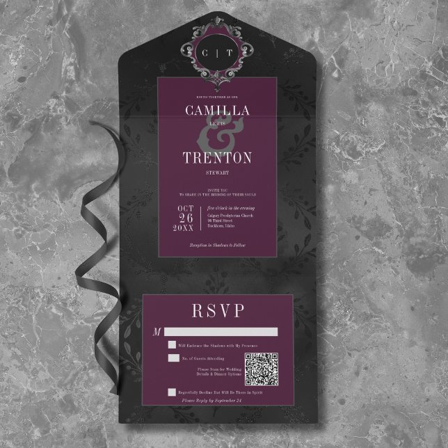 Invitación Todo En Uno Código QR de satén floral de vino negro gótico osc (Dark Gothic Black & Purple Floral Satin QR Code All In One Invitation)