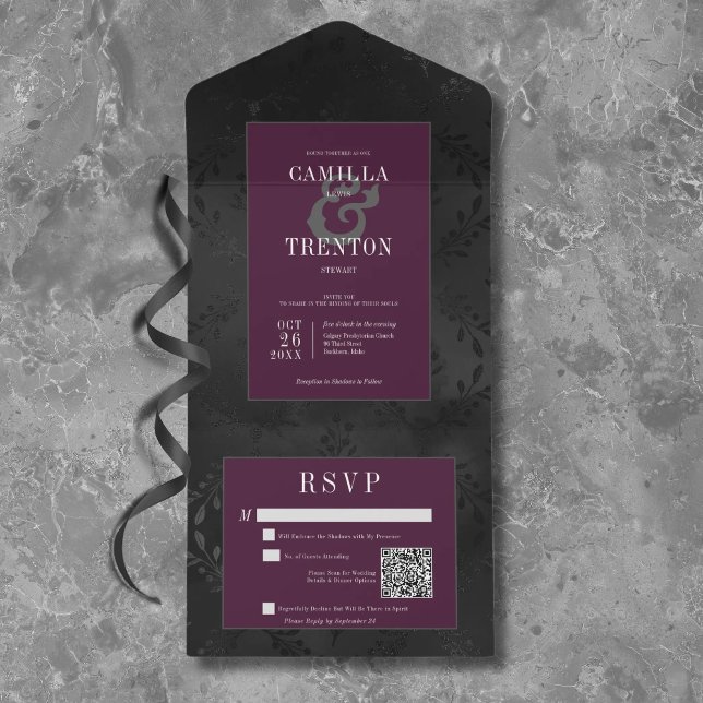 Invitación Todo En Uno Código QR de satén floral de vino negro gótico osc (Subido por el creador)