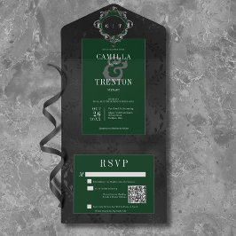 Invitación Todo En Uno Código QR de satén floral negro y verde oscuro gót