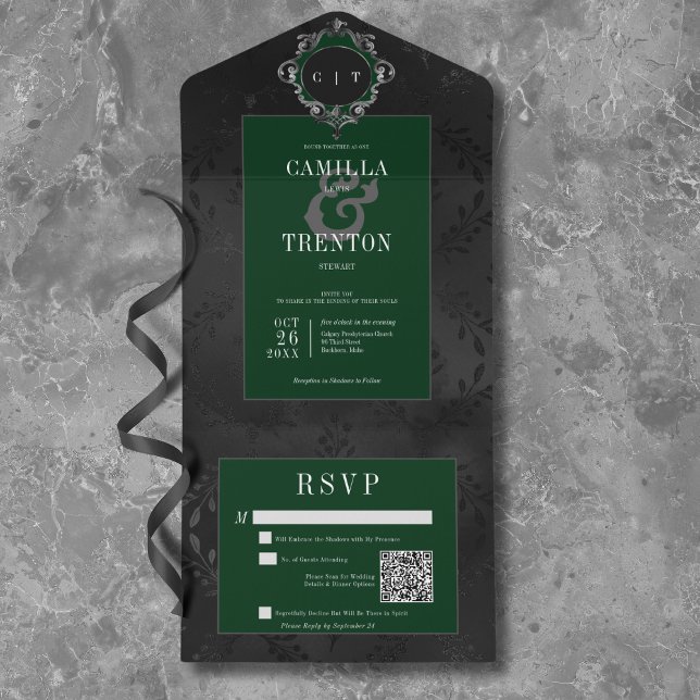 Invitación Todo En Uno Código QR de satén floral negro y verde oscuro gót (Dark Gothic Black & Green Floral Satin QR Code All In One Invitation)