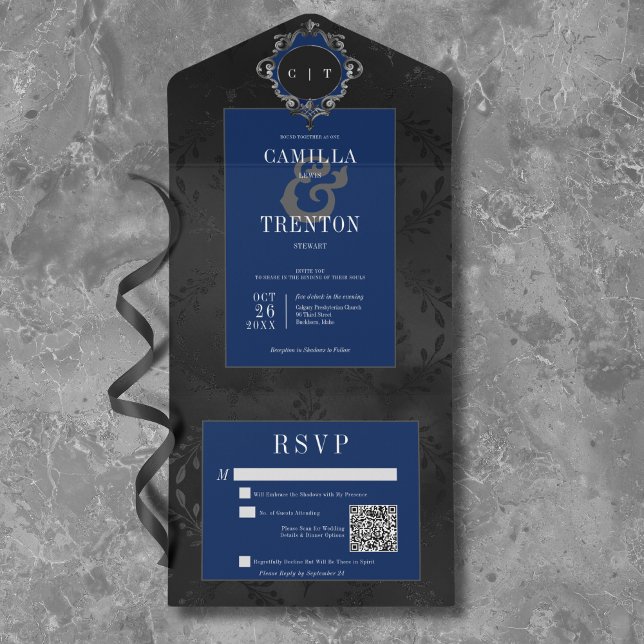 Invitación Todo En Uno Código QR de satén floral oscuro gótico negro y az (Dark Gothic Black & Blue Floral Satin QR Code All In One Invitation)