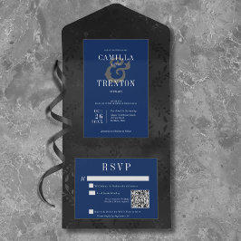 Invitación Todo En Uno Código QR de satén floral oscuro gótico negro y az