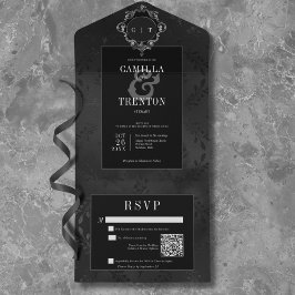 Invitación Todo En Uno Código QR de satén floral oscuro gótico negro y ne