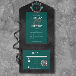 Invitación Todo En Uno Código QR de satén floral oscuro gótico negro y Ve