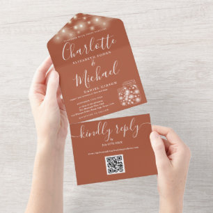 Invitación Todo En Uno Código QR de terracota Luces de cadena en tarro de