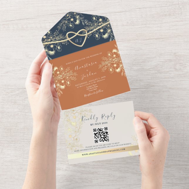 Invitación Todo En Uno Código QR de Terracota para Boda (desgarro)