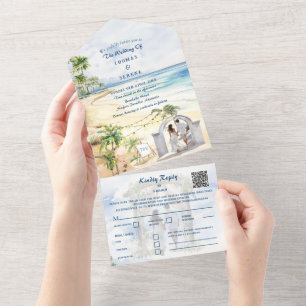 Invitación Todo En Uno Código QR de ubicación del océano de la playa del 