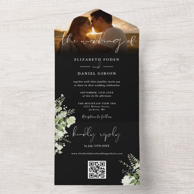 Invitación Todo En Uno Código QR de Verde Floral Guión Boda Foto (Interior)