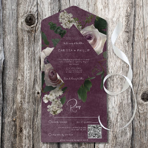 Invitación Todo En Uno Código QR de vino floral rosa y blanco oscuro mode